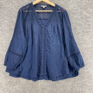 Style&Co. Blouse Women M Medium Blue Geometric Embroidered V-Neck Long Sleeve